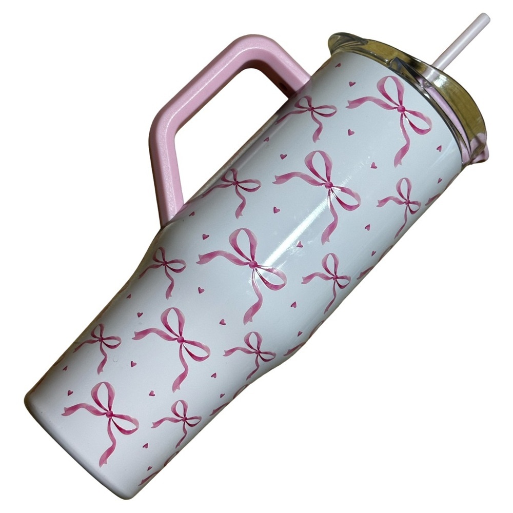 Pink Bows & Hearts Stainless Steel Tumbler w/ Straw & Handle Hobby Lobby
